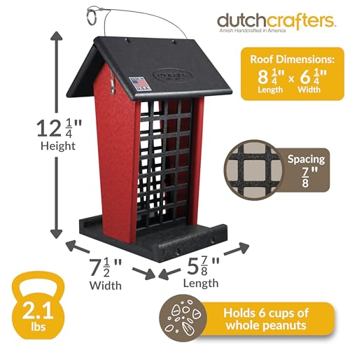 DutchCrafters Plastic Poly Hanging Whole Peanut Bird Feeder for Large Birds, Woodpeckers, Blue Jays for Outdoor, Garden, Yard - USA Amish Made (Black/Red) - color: Black/Red