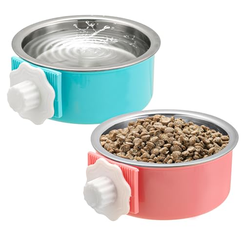 Mechpia 2 Pieces Crate Dog Bowl, Removable Stainless Steel Pet Kennel Hanging Food Water Feeder Bowl Cage Coop Cup for Puppy Medium Dog Cat Rabbit Ferret Bird (Blue,Red) - size: Blue,Red