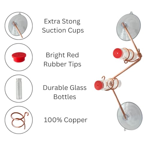 Geometric Window Hummingbird Feeder | Copper and Aluminum | Multiple Stations | Modern Hummingbird Feeder | Handcrafted | Home Décor | Glass Bottles | Suction Cups (Copper)