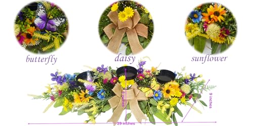 Svndlyn Floral Candle Holder Centerpiece with Butterflies and Wildflowers | Colorful Daisies, Sunflowers, Burlap Bow and Greenery for Table, Mantel and Spring Summer Decor
