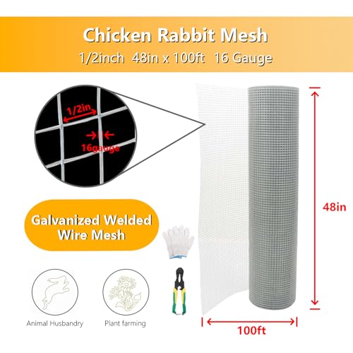 Hardware Cloth 48 in x 100 ft 1/2 in, 20 Ga Galvanized Wire Fence, Chicken Wire Fence with Pliers and Glove, for Chicken Coop, Screen mesh, Rabbit Fence and Poultry Enclosures (Silver White) - color: Silver White, size: 1/2in 48in x 100ft(with Gloves and