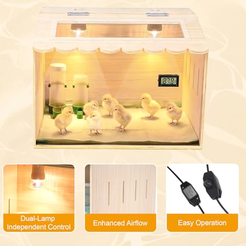 Wooden Chick Brooder Box Kit with Adjustable Dual Heater & Thermometer, Poultry Hatching Enclosure with 10 Pads, Feeder, Waterer - Natural Wood Brooder Heater for Baby Chicken, Quail, Ducklings