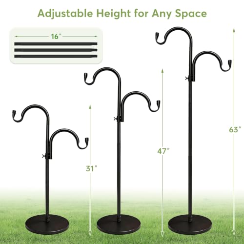 63" Double Shepherds Hooks for Outdoor, Freestanding Adjustable Shepherds Hook with Base, Metal Bird Feeder Pole for Wind Chimes, Hummingbird Feeders, Lanterns, Hanging Plants, Indoor Outdoor Decor