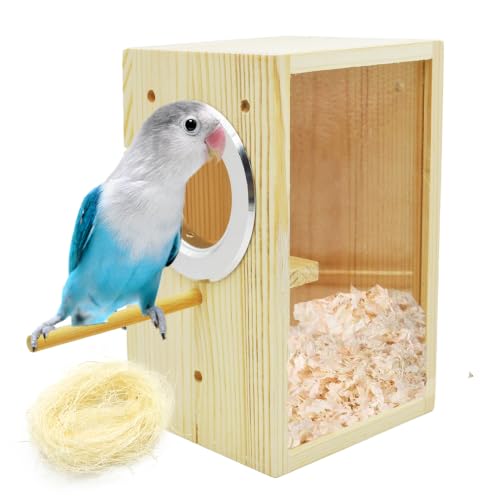 Parakeet Nesting Box,Transparent Bird Nest Boxs Natural Wooden Breeding Box with Coconut Fiber,Birds Cage House with Perch for Canary Budgies Gouldian Finch Cockatiel Conure and Other Small Birds
