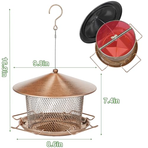 Bird Feeder for Outdoor Metal Hanging 9.8" Roof 4.5 LBs Capacity | Heavy Duty, Waterproof, Weatherproof, Rustproof, Chew Proof, 4 Feeding Ports and 4 Extra Perches, Easy to Clean & Refill