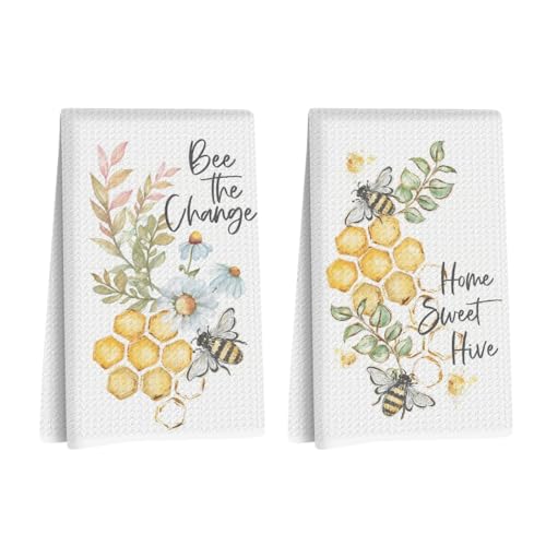 2 Pcs Funny Honey Bee Kitchen Towels Decorative Hand Towels | Waffle Soft Tea Towel for Home, Bathroom, Absorbent Microfiber Dish Cloth, Bee Gifts for Women, Mom - color: Multi 1210
