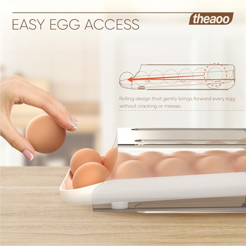 theaoo Egg Holder for Fridge, Automatic Rolling Egg Container, White, 1Pack | Quick Removable Inner Tray For Easy Egg Loading. Stackable Egg Dispenser For Refrigerator Storage And Organization - color: White, size: Pack of 1
