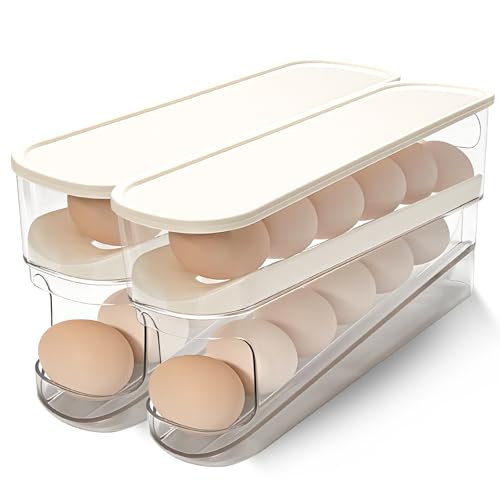 Rolling Egg Holder for Fridge, Egg Dispenser for Refrigerator, Automatic Rolling Storage Container for Countertop, Kitchen & Outdoor Use (3.35"x3.74"x11.02") 2 Pack - color: 2Pcs Cream white