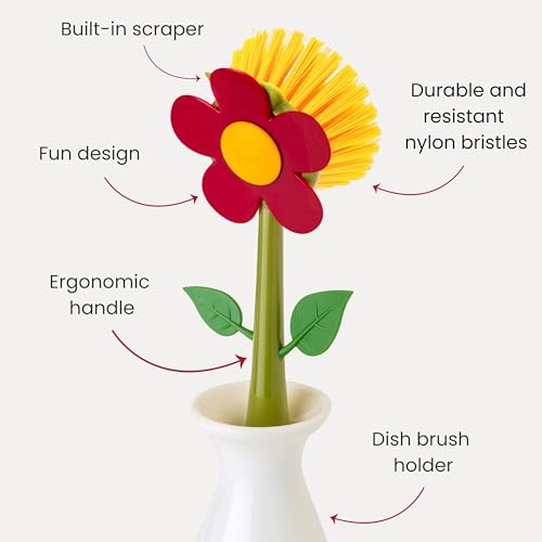 Vigar Flower Power Dish Brush with Handle and Stand - White, Red | Flower-Shaped, Dish Scrubber for Dishes, Dishwashing Brush, Kitchen Scrub Brush, Kitchen Essentials - color: Red