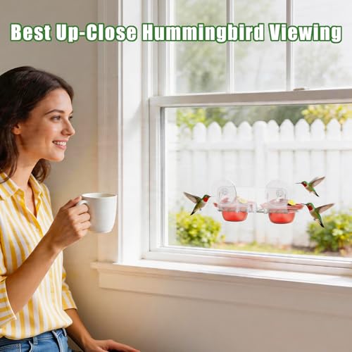 Window Hummingbird Feeder with Strong Suction Cups, 2 Pack 2.6 oz Small Hummingbird Feeder for Outside Window, Easy to Clean & Refill, Bee Resistant Feeding Ports for Bird Watching (Red)