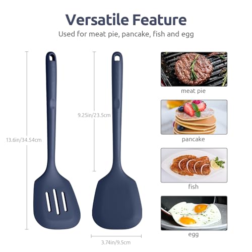 U-Taste Silicone Turner Spatula Set of 2, 13.6"Long/3.7"Wide, Midnight Blue | 600ºF Heat Resistant Food Grade Silicone Cooking Utensils Set, Wide Large Solid & Slotted Turner Pancake Egg Flipper - color: Midnight Blue
