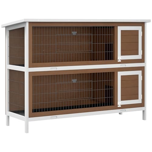 PawHut 54" 2-Story Large Rabbit Hutch Bunny Cage, Lockable Doors Brown | Wooden Pet House, Small Animal Habitat, No Leak Tray, Waterproof Roof, for Chickens Ducks, Outdoor/Indoor - color: Coffee Brown