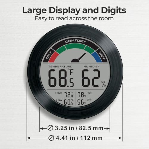 Digital Hygrometer Indoor Thermometer, Brushed Metal Frame, Black | Large round display, clear digits, accurate readings, comfort gauge, humidity meter, room temperature and humidity monitor - color: Black Stainless