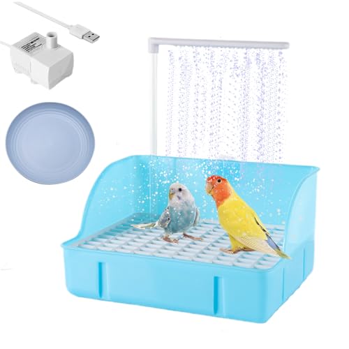 Oncpcare Automatic Fountain Bird Shower Bath with USB Pump, Parakeet Bath Bowl Waterfall Circulating Bird Large Bathtub - Electric Parrot Water Bathtub - for Birdcage, Indoor, Outside, Garden (Blue) - color: Blue