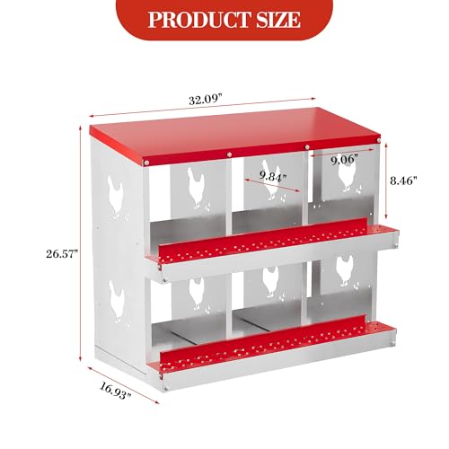 Chicken Nesting Boxes 6 Holes Galvanized Steel Rustproof Egg Laying Box with Egg Collection Systems, Hen Eggs Laying Box, Ventilated/Easy to Install, for Chicken Houses/Duck Houses/Hen - color: Red, size: 35.6"L x 17.3"W x 6.3"H