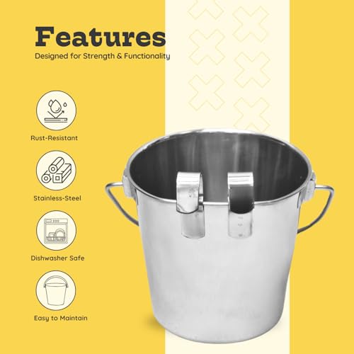 4 Quart Stainless Steel Flat Sided Bucket with Dual Hooks | 1 gal Durable Food & Water Bowl for XL Dogs, Cats, Goat & Livestock | Fits kennel Cage Critter Crate | Hanging Utility Pet Pail - size: 4 Quart