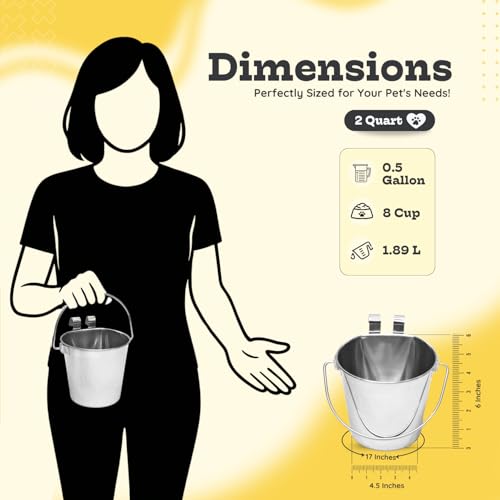 2 Quart Stainless Steel Flat Sided Bucket with Dual Hooks | 2 Pcs Durable Food & Water Bowl for Dog Cats Bird & Small Animals | Fits kennel Cage Crates Hanging Pet Pail | Multipurpose use - size: 2 Quart (Pack of 2)