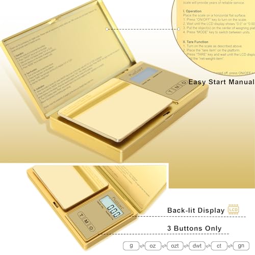 Fuzion Digital Pocket Gram Scale 0.01g x 200g - Jewelry Scale Portable | Easy of Use, Tare Function, 6 Modes Ounces Grains, Batteries Included, Mini Scale for Jewelry, Coins, Herb, Small Food - color: Gold