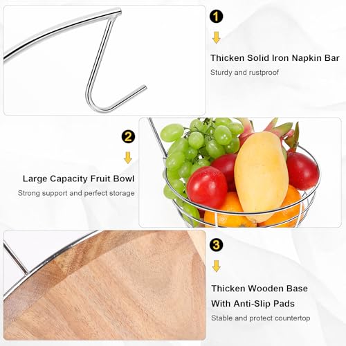 Livabber Countertop Fruit Basket Bowl with Banana Hanger, Modern Standing Fruit Vegetable Bowl Storage, with Banana Tree Holder for Kitchen Dinning Table (Round Wood, Chrome) - color: Chrome, style: Round Wood