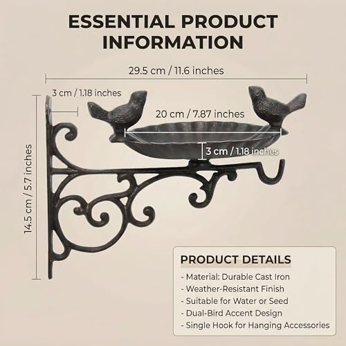 Cast Iron Bird Bath Feeder, Wall Mounted Bird Bath, Black Metal Garden Planter Hanger with Hanging Bracket, Wall Hook for Lanterns, Wind Chimes and More Garden Decorative Items