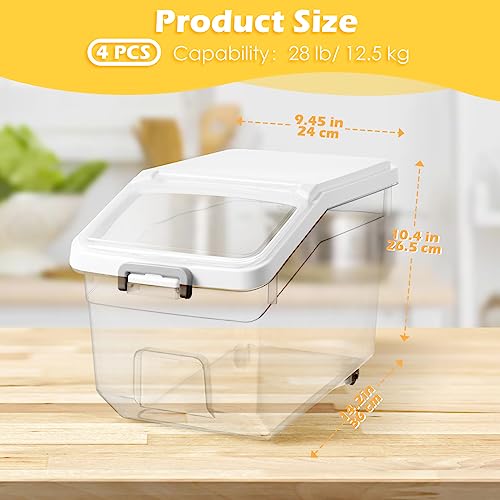 4 Pcs Rice Storage Container 28 lb Airtight Flour Container with Wheels Measuring Cup Clear Pet Food Cube Dog Birds Cat Food Bin Grain Cereal Organizer Box for Dry Baking Supplies(White Lid) - color: White Lid, size: 28 lb