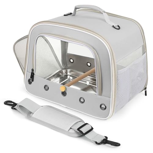 Bird Travel Carrier Cage for Medium Parrot, Portable Bag with Metal Tray to Carry and Transport Medium and Large Birds Like African Grey, Long Tail Cockatiel (Gray, Large Carrier) - color: Gray