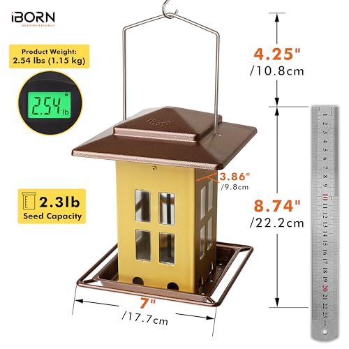 iBorn Bird Feeders for Outdoors, Metal Bird Feeder, Wild Bird Feeders for Cardinal, 2.3LBS Capacity,18cm Large Roof, Lantern Style, Black (Muted Yellow) - color: Muted Yellow