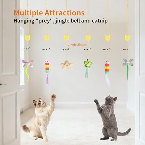 8 Pcs Hanging Cat Teaser Toys, Bird & Mouse Toys with Bird Chirp & Catnip, Bell Feather Toys, Drill-Free Wall Mount for Indoor Kittens and Adult Cats