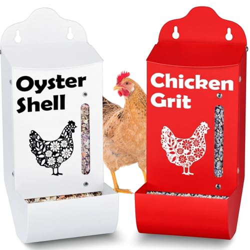 Chicken Gifts - Grit and Oyster Shell Feeder for Laying Hens, No‑Mess Outdoor‑Ready Heavy-Duty, Automatic Chicken Feeder w/Viewing Window, Cute Chicken Coop Accessories for Chickens Lovers - color: Combo-White/Red