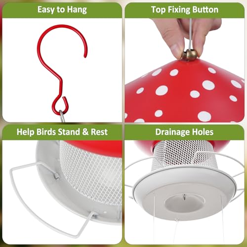 Bird Feeder, Heavy Duty Metal Bird Feeders for Outdoor Hanging | Wild Birdfeeder, 3LB Capacity, 4 Perches, Sturdy, Cute Mushroom Shape, For Outside Garden Yard - color: Red