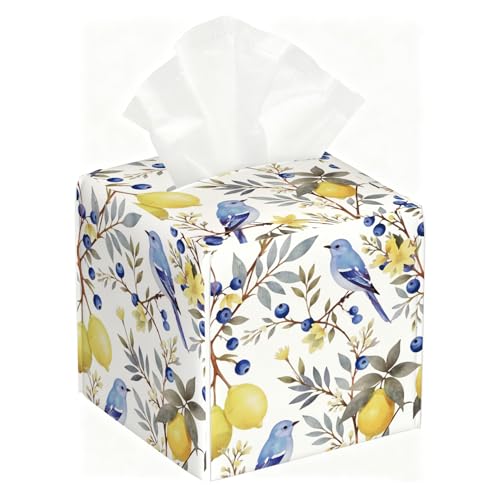 Watercolor Bird & Fruit Tissue Box Cover, PU Leather Holder with Blue Bird/Lemon Pattern for Living Room/Bathroom/Bedroom/Kitchen, Gift for Housewarming & Nature-Loving Homeowners - color: White Decoration Theme-06