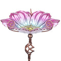Glass Birdbath Birdfeeder with Metal Stake Garden Yard Outdoor Pink | 31inch height stain glass bird bath for outside,pink flower bird bath bowl,attract wild birds and beautify outdoor gardens - color: Pink+Yellow