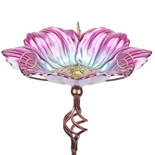 Glass Birdbath Birdfeeder with Metal Stake Garden Yard Outdoor Pink | 31inch height stain glass bird bath for outside,pink flower bird bath bowl,attract wild birds and beautify outdoor gardens - color: Pink+Yellow