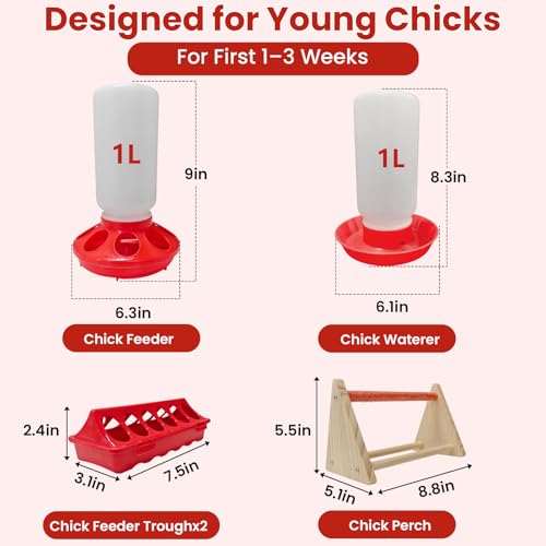 Chick Feeder & Waterer Starter Kit with 2 Trough Feeders and Roost Bar – No-Leak Baby Chick Waterer and Feeders Set for Chicks, Ducklings, Quail & Small Poultry – Essential Brooder Supplies