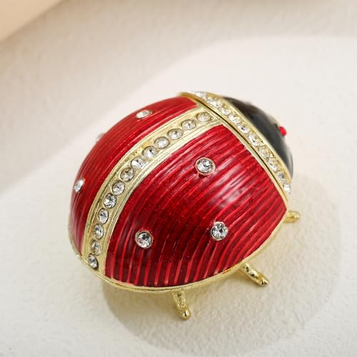 Hand Painted Enameled Ladybug Trinket Box, Hinged Unique Mini Ring Necklace Jewelry Organizer, Classical Bejeweled Storage, Figurine Collectible Keepsake Home Decor (LadyBug-1) - color: LadyBug-1