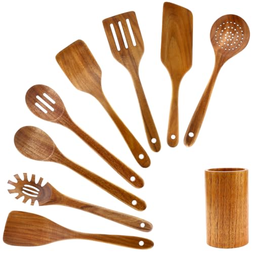 9 Pack Wooden Spoons Non Toxic Cooking Utensil Set with Utensils Holder | Kitchen Slotted Turner Spatula Set Acacia Wood Utensils for Cooking Spoon Scraper Spurtle Bamboo Flat Egg Flipper Spatulas - color: 9 Pcs