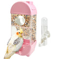 Tfwadmx No Mess Automatic Bird Feeder for Cage Transparent Food Container Parrot Water Dispenser Cage Accessories for Cockatiels, Finches, Budgies Canaries (Pink)