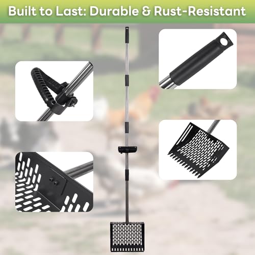 Chicken Poop Scooper & Rake 2-in-1, Adjustable 24'' to 66'' Metal Sand Sifting Shovel for Coop Cleaning, Effortless for Chicken Duck Rabbit Cages, Cat Litter, Fire Ash, Saving Time & Energy