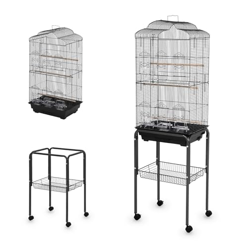 Multi-Level Rolling Bird Cage with Storage Shelf, 59.8" Metal Parrot Cage, 4 Access Doors, Removable Tray, Perches, Food Bowls, Detachable Stand for Various Birds
