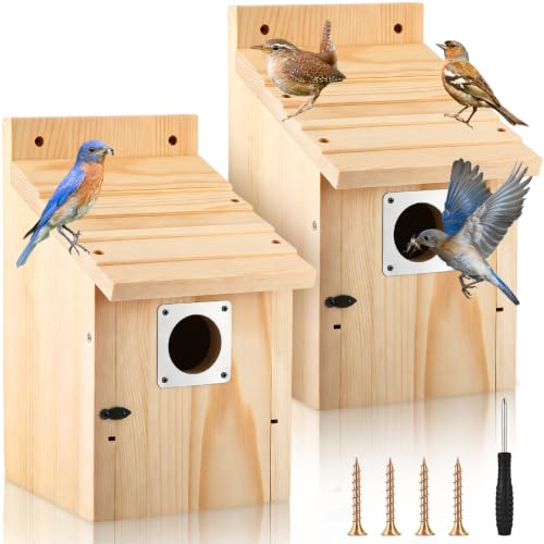 Dreyoo Bluebird Houses for Outside, 1-1/2” Entrance Hole Wooden Bird Houses for Outdoor with Metal Predator Guard, Secure Latch, Fledgling Grooves, Air Vents(Wood) - color: Wood