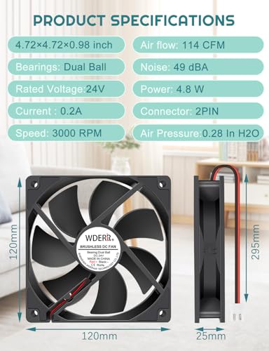 DC 120mm x 25mm 24Volt PC Case Brushless Cooling Fan Dual Ball Bearing High Speed 2Pin for Server Component Industrial Vent - size: 12025