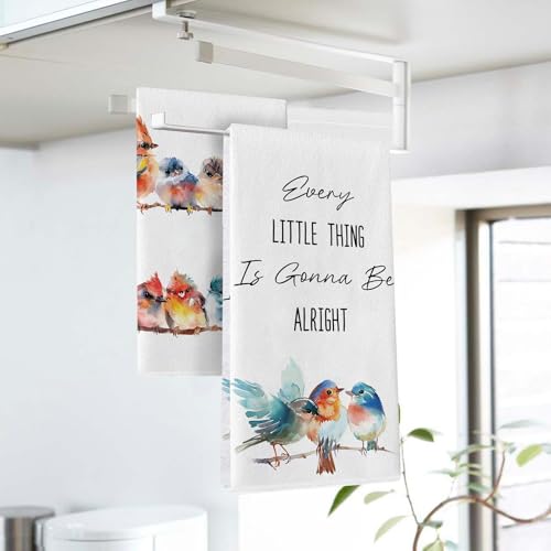 Inspirational Watercolor Birds Kitchen Dish Towels Set of 2 | Every Little Thing is Gonna Be Alright Drying Hand Towel, Spring Summer Cardinal Bluebird Bathroom Baking Cooking Cloth
