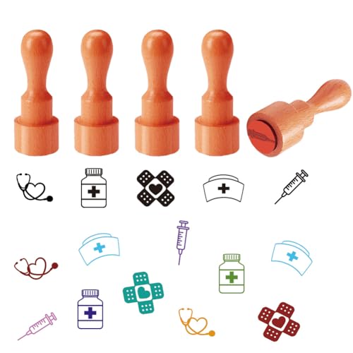 AHANDMAKER 5 Styles Mini Happy Nurses Day Wooden Rubber Stamp, Medical Theme Stamps for Medical Doctor Nurse Card DIY Making Scrapbooking Stamping Pottery Clay Crafting - style: Happy Nurses Day