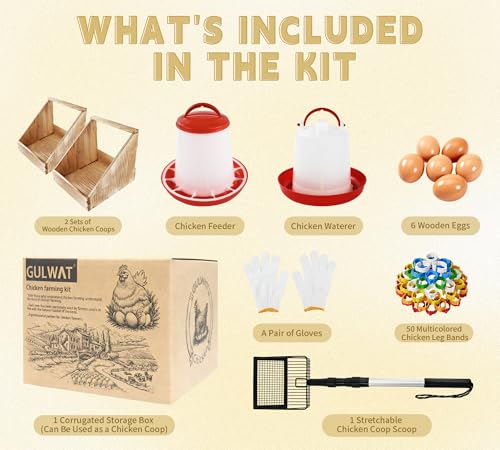 61pcs Novice Home Chicken Farming Set, 2 Pieces Nesting Boxes for Chickens, Coop Scoop for Sand, Chick Feeder and Waterer Set, 6pcs Wooden Eggs for Chicken Coop, 50Pieces Chicken Leg Bands Multicolor