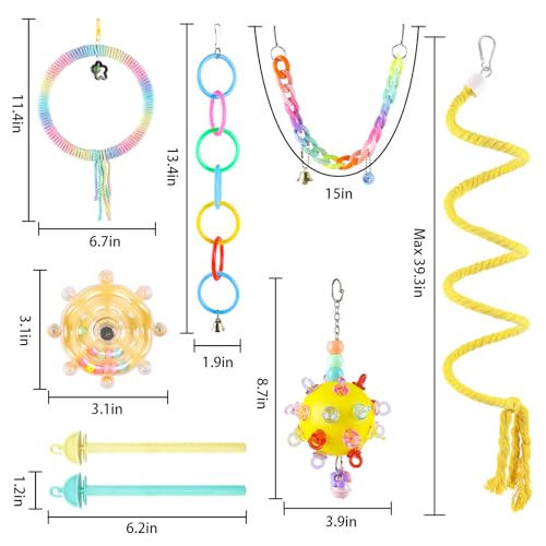 Parakeet Toys Set 8 Pcs Cotton Rope Hanging Swing Colorful Spinning Chewing Standing Perch Parrot Toys Bird Cage Accessories Bird Toy for Lovebird Cockatiel Budgie Finches