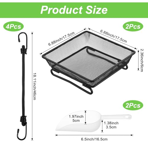2 Pcs Railing Bird Feeder Tray for Balcony Deck Railing Bird Feeder Tray for Balcony 6.9 x 6.9 x 2.3 Inch Platform Bird Seed Tray with 4 Elastic Ropes & 2 Scoops for Outside Wild Birds or Squirrels