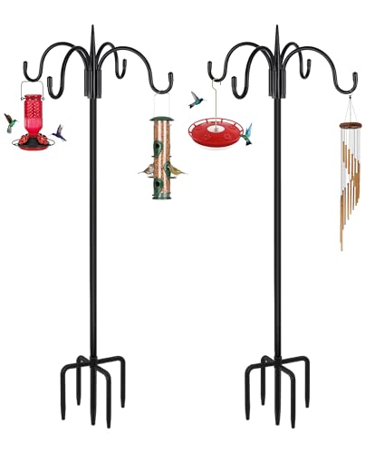 Heavy Duty Shepherds Hook 2 Pack 92" Four Hooks Adjustable (44/60/76/92") - Metal 5-Prong Base, 17lb Capacity - Easy Assembly Bird Feeder Pole for Hanging Planters, Lanterns, Wind Chimes - color: 2-Pack, size: 92" Quadruple Hook