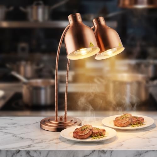 Dual Heads Food Heat Lamp with 500w Bulb Food Warmer Infrared Heating Lamp Countertop Restaurant Kitchen (Double Head(Copper))