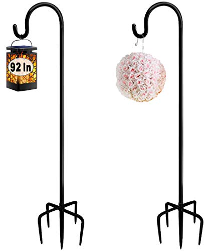 92 Inch Outdoor Shepherd Hooks with 5 Pronger Base (2 Packs), Adjustable Heavy Duty Garden Hanging Stand Holder for Bird Feeders Lanterns Planter Hanger, Matte Black