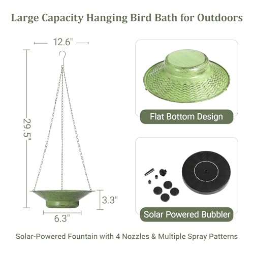 12.6" Hanging Solar Bird Bath Metal for Outside Green | Hanging Bird Bath with Solar Fountain, Hanging Birdbath Bubbler for Outdoors Backyard Patio Garden Decor - color: Green